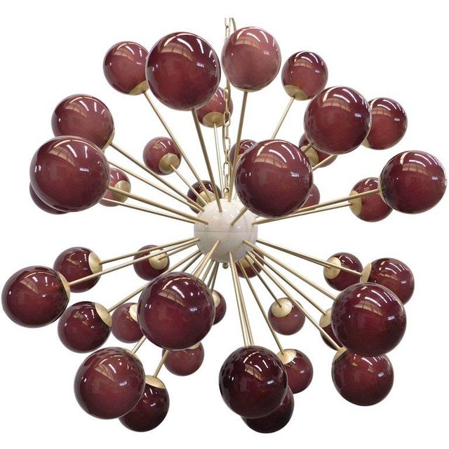 Italian sputnik chandelier with 40 frosted amethyst Murano glass globes mounted on brass frame in satin brass finish /...