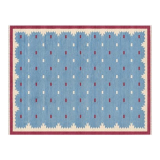 Handmade Cotton Vegetable Dyed Rug, Sky Blue and Pink Geometric Dhurrie-12'x15' For Sale