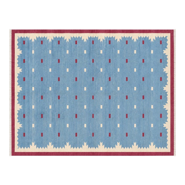Handmade Cotton Vegetable Dyed Rug, Sky Blue and Pink Geometric Dhurrie-12'x15' For Sale