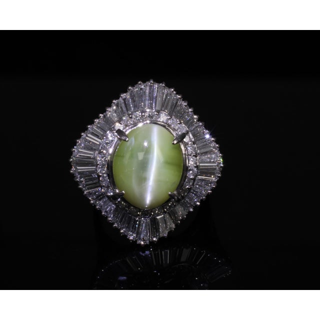 Late 20th Century Rare 8.95ct Natural Chrysoberyl Cat's Eye 2.60ct Diamond Platinum Ring Size 6.5 For Sale - Image 4 of 18