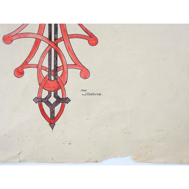 Antique circa 1905 pin and ink on paper rendering of ornamental design in red and black. Designs on both sides of the...