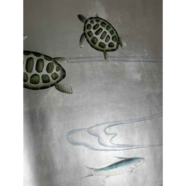 Hand Painted Coral Fish Wallpaper on Antiqued Silver Metallic Panel - Set of 4 For Sale - Image 10 of 10