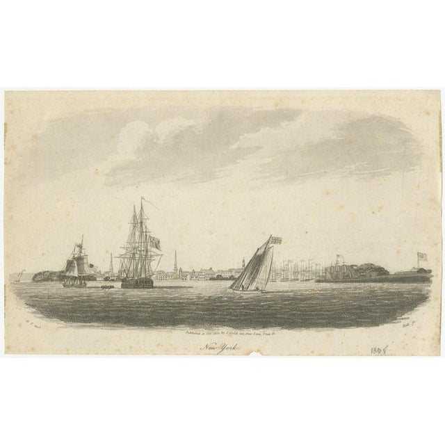 New york harbor panorama, sailing ships and city skyline, british engraving, 1805 this finely engraved panoramic view...