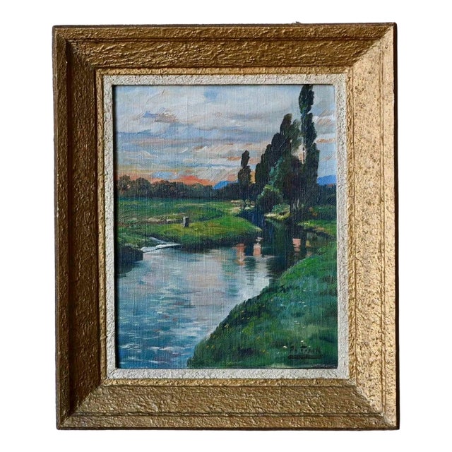 Ph. Frank, River Landscape at Dusk, 1950s, Oil on Canvas, Framed For Sale