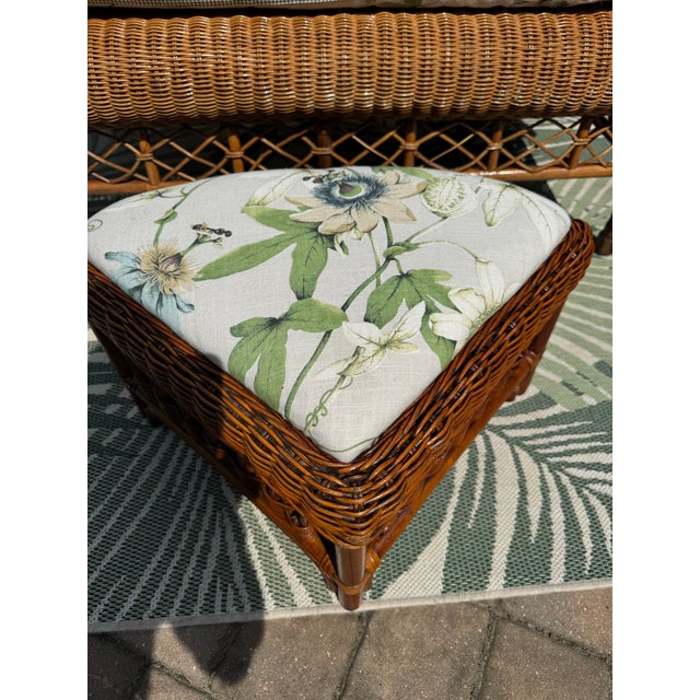 Wood Rare Vintage Professionally Restored Wicker Rattan Cathedral Back Settee W Ottoman Brand New Upholstered Cushion and Accent Pillow Designer Fabrics For Sale - Image 7 of 10