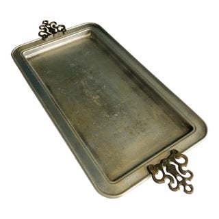 Vintage Metal Serving Tray With Brass Handles For Sale