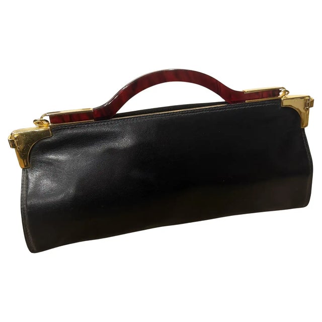 A 1980s Black Leather and Faux Tortoiseshell Bakelite Italian Top Handle Bag For Sale - Image 16 of 17