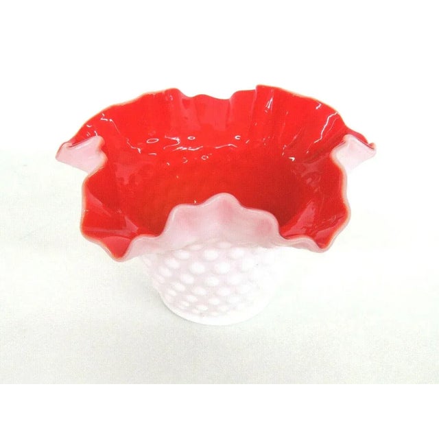 Kanawha Hobnail Style White Milk Glass Red Overlay Crimped Bowl Vase For Sale - Image 4 of 11