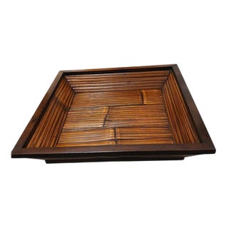 Vintage Asian 16" Dark Wood & Bamboo Serving Tray Ethnic Home Decor Party For Sale