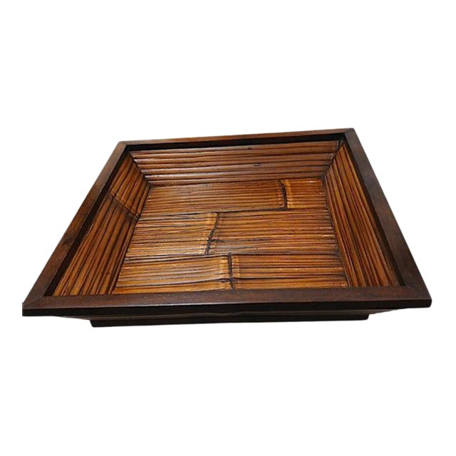 Vintage Asian 16" Dark Wood & Bamboo Serving Tray Ethnic Home Decor Party For Sale