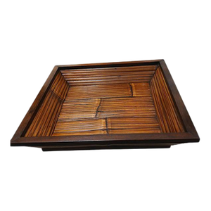 Vintage Asian 16" Dark Wood & Bamboo Serving Tray Ethnic Home Decor Party