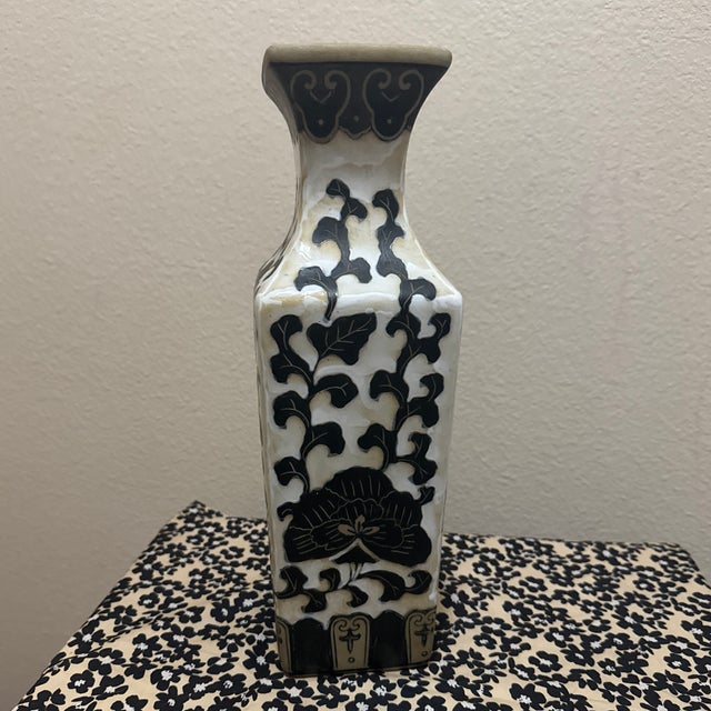 Stone Vintage Tall Ceramic Taupe Vase With Painted Flowers For Sale - Image 7 of 12