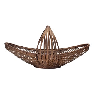 Mid-Century Modern Sculptural Woven Bamboo Canoe Basket 21" For Sale