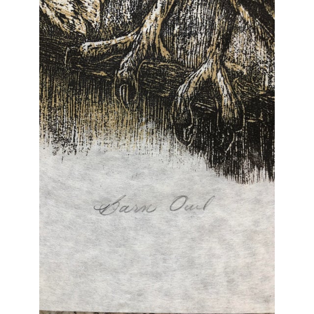 Mid-Century Modern 1975 Martha Cawley Woodblock Print, Barn Owls, #1/100 For Sale - Image 3 of 6