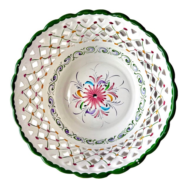 Hand Painted Floral Cut Out Portuguese Pottery Bowl For Sale