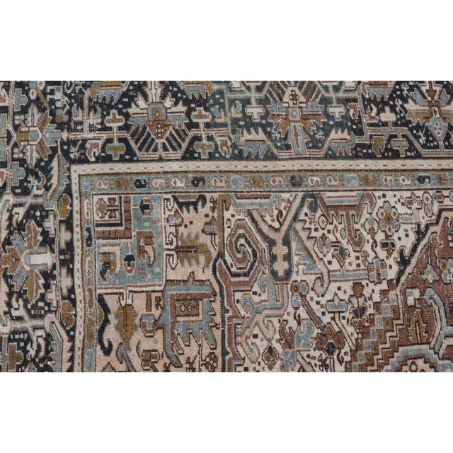 Persian Antique Heriz Rug With Geometric Design in Blue's, Tan, Cream, and Brown 11'5 X 14'7 For Sale - Image 12 of 17