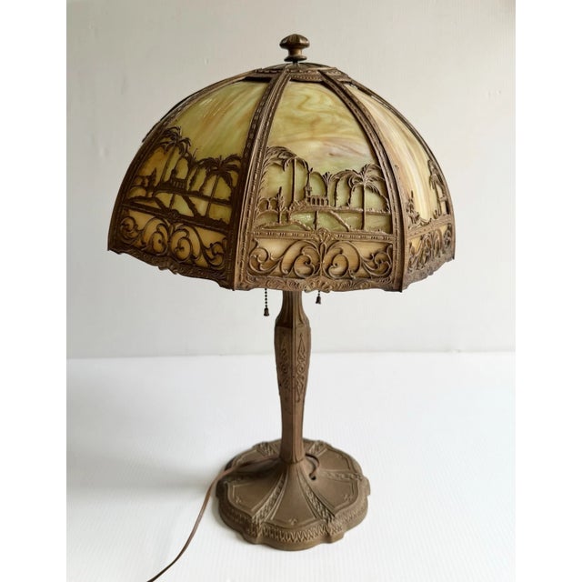 Antique Art Nouveau 8 Panel Slag Glass Lamp With Desert Scene Palm Trees, for Repair For Sale - Image 9 of 18