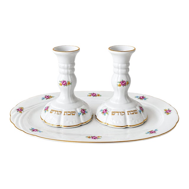 Vintage German Winterling Porcelain Shabbat Candlesticks With Matching Tray, Set of 3 For Sale