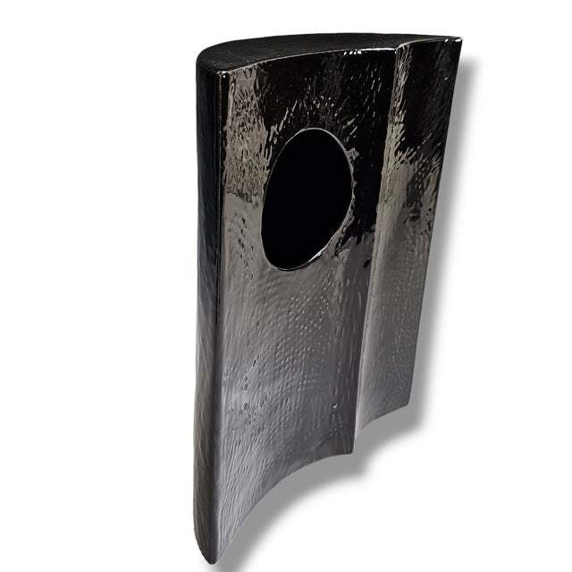 1970s–1980s Japanese Black Ceramic Modernist Ikebana Vase With Circular Aperture For Sale - Image 4 of 10