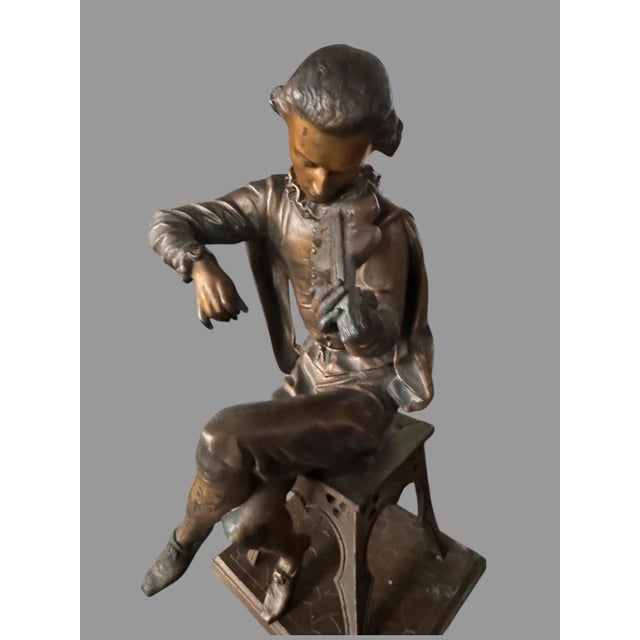 Metal Antique Victorian Cast Metal 12.5" Figural Statue Sculpture Violin Player For Sale - Image 7 of 12