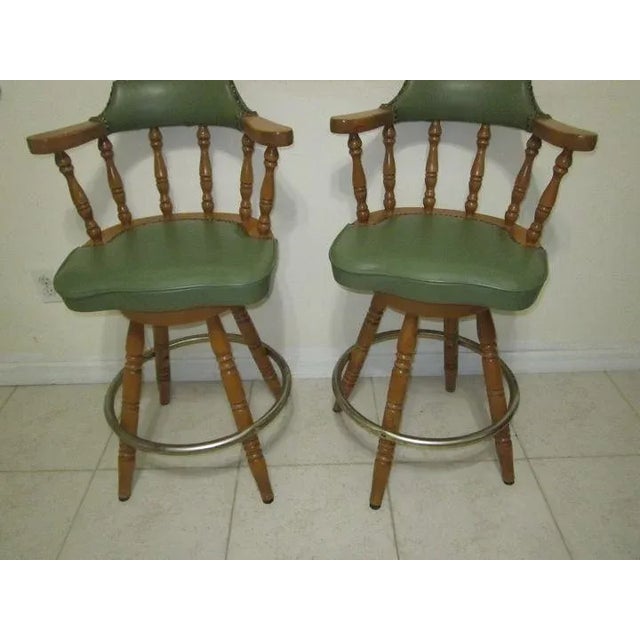 English 1970s Wood Frame Swivel Counter Stools Green Leather Seat Set of Two For Sale - Image 3 of 12
