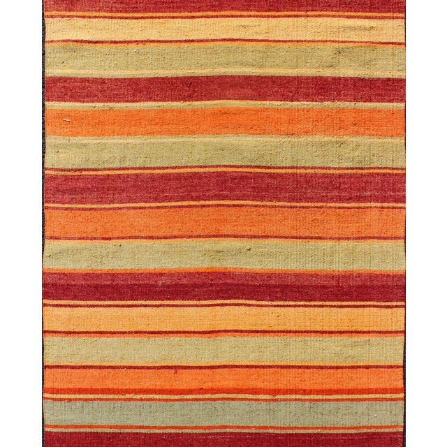 Vintage Turkish Kilim Rug in Red, Orange, Gold, and Sage Green Striped Pattern For Sale - Image 4 of 9