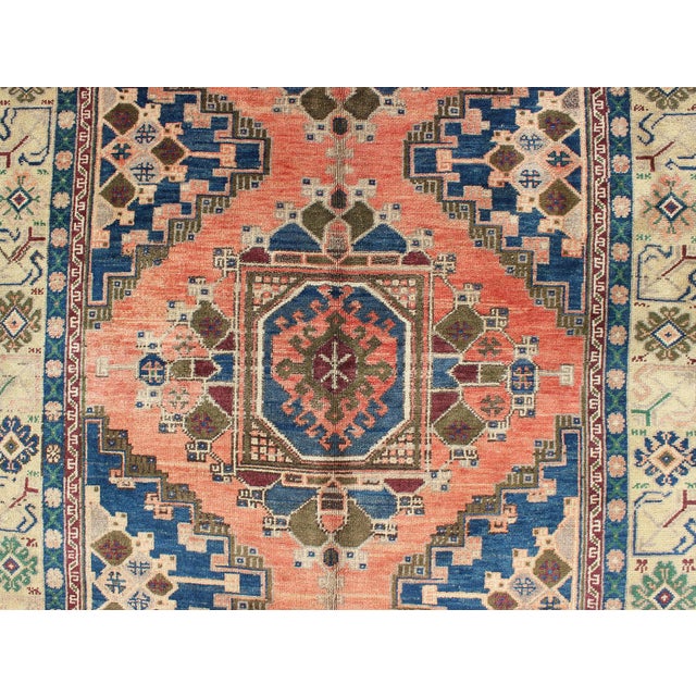 Vintage Oushak Rug From Turkey With Medallions in Salmon Pink and Blue For Sale - Image 4 of 8