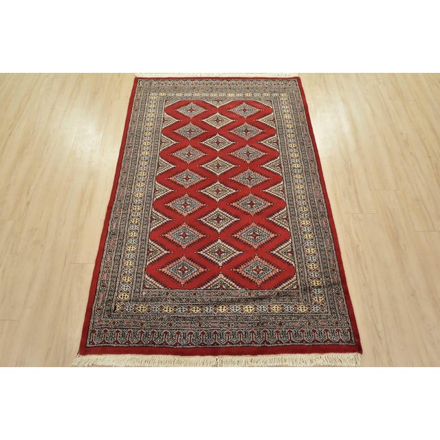 Tribal Bokhara Jaldar Rug 4’1” X 6’2” Red Wool Tribal Hand-Knotted Oriental Carpet For Sale - Image 3 of 12