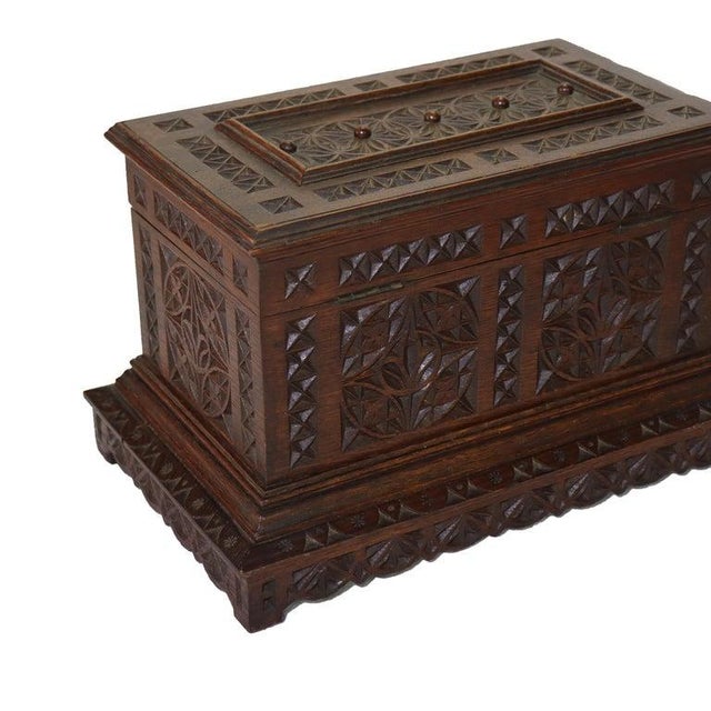 Antique Gothic Style Chip Carved Walnut Keepsake Box C1860 Measures - 9.5"H x 15.25"W x 9.5"D This keepsake box, dating to...