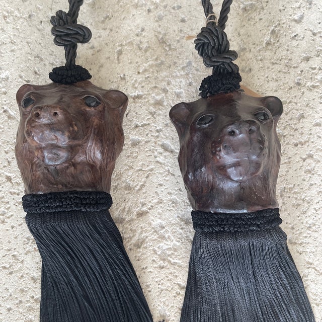 Pair Bear Head Leather Wrapped Curtain Tieback Tassels Early 20th Century, European Decorative set of four curtain tieback...