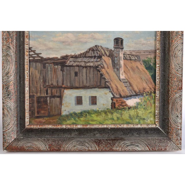 Early 20th Century Oil Painting European Barn Landscape in Faux Bois Frame For Sale - Image 4 of 13