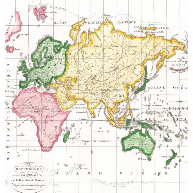 Realism 1816 Pierre Lapie Map "MappeMonde Physique Sur La Projection De Mercator" For Sale - Image 3 of 5
