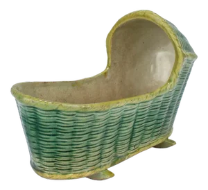 Large Antique English Staffordshire or Prattware Pottery Model of a Cradle