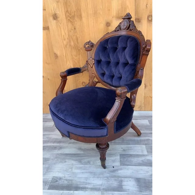Antique Victorian Eastlake Carved His/Her Tufted Chairs Newly Reupholstered in Blue Velvet - Pair For Sale - Image 10 of 13