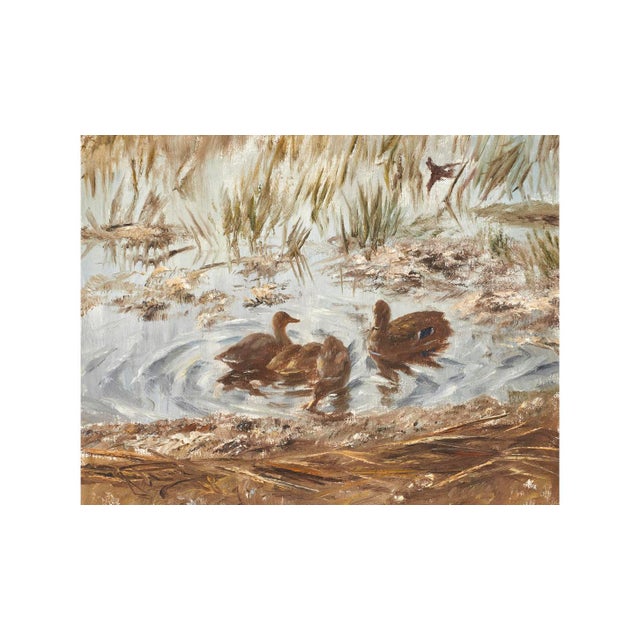 An oil on canvas by the Norwegian painter Johannes Ravn (1922 to 1991), signed. A small group of ducks paddles through...
