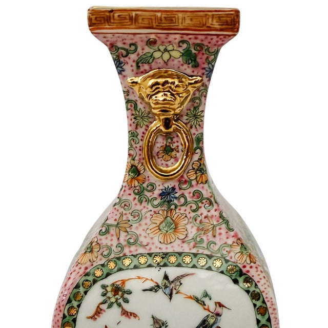 Vintage Chinese Famille Rose Petite Square Baluster Vases With Removable Stands - Pair For Sale - Image 9 of 18