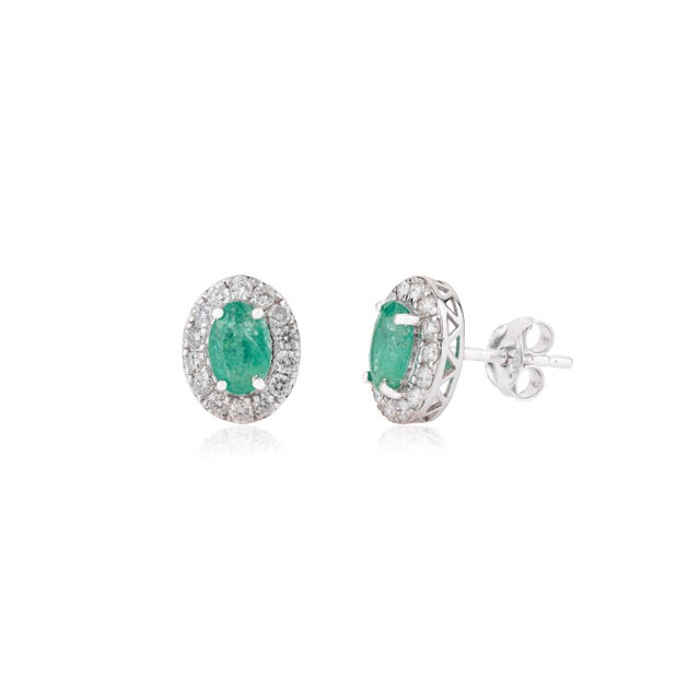 Oval Emerald & Diamond May Birthstone Stud Earrings in 14k White Gold- A Pair For Sale - Image 4 of 13