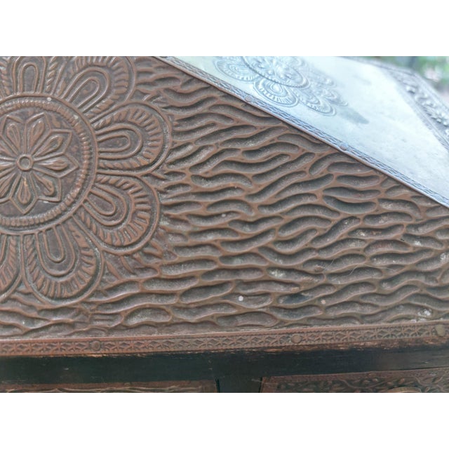 Wood Vintage Elegant Indian 6-Drawer Stamped Metal & Wood Jewelry Trinket Chest For Sale - Image 7 of 13