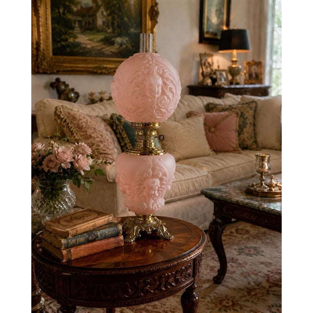 Antique Victorian Pink Satin Glass Cherub Banquet Oil Lamp With Embossed Putti Motif For Sale In San Antonio - Image 6 of 6