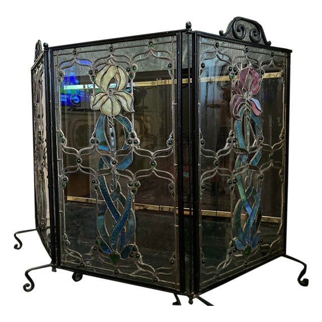 Late 19th Century Art Nouveau Fireplace/ Tea Screen -Tiffany Glass Style For Sale
