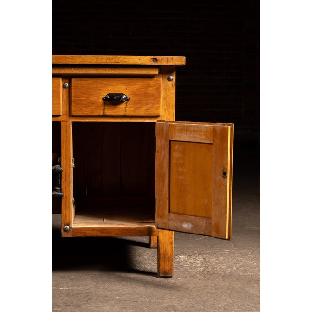 Early 20th Century Walnut Industrial Workbench With Swing-Out Stools For Sale - Image 9 of 18