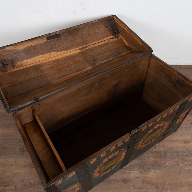 Folk Art Original Hand Painted Teal Oak Dome Top Swedish Trunk Dated 1846 For Sale - Image 3 of 15