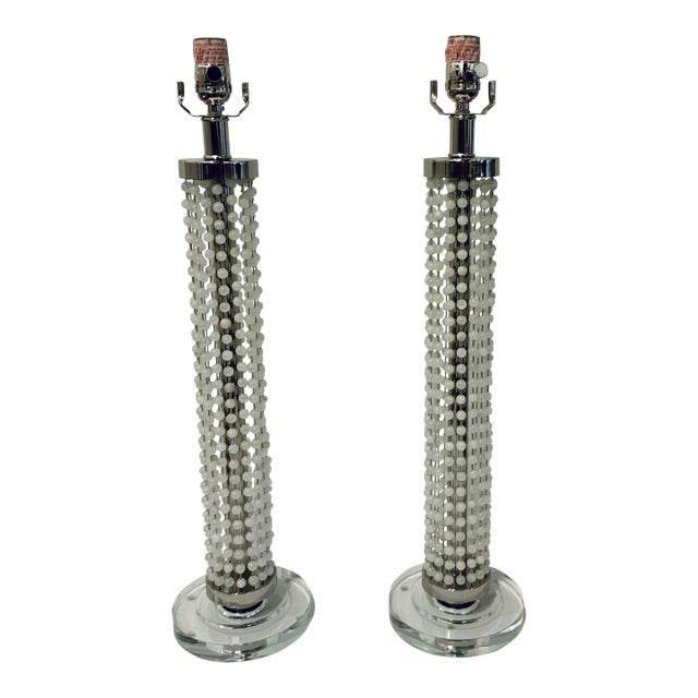 Currey & Co. Modern Faux Pearl Strand Nickel Table Lamps Pair Prototypes For Sale