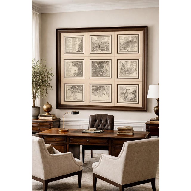 This grand tour cartography panel features nine framed views of Rome, rendered after 18th-century Italian engravings. Each...