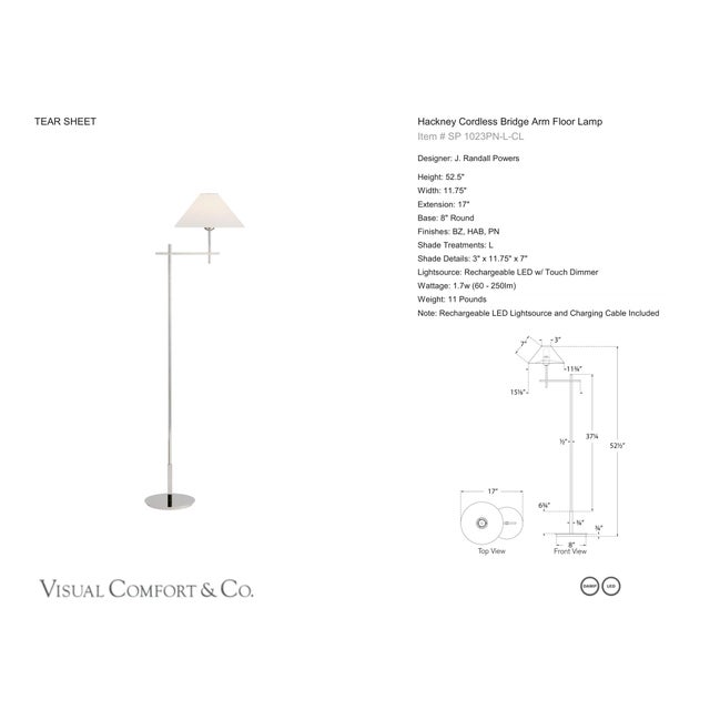 J. Randall Powers by Visual Comfort Signature Hackney Cordless Bridge Arm Floor Lamp in Polished Nickel with Linen Shade...