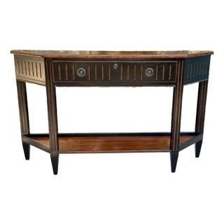 Blackened Stain and Walnut Demi-Lune Console Table by Woodbridge Furniture For Sale