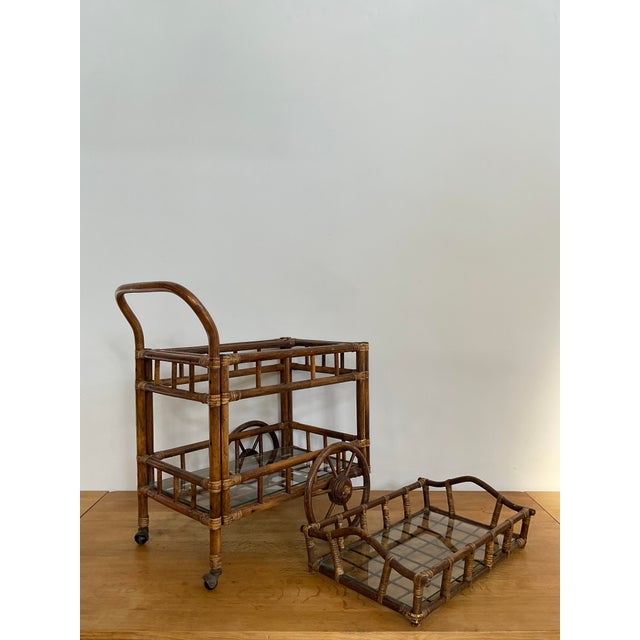 Vintage Bamboo Bar Cart With Glass Shelve & Removable Tray For Sale - Image 9 of 18