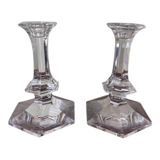 Val Saint-Lambert Signed Belgian Crystal Candlesticks, Pair, 7" Tall, Late 20th Century For Sale