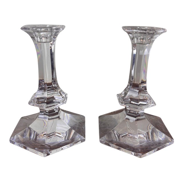Val Saint-Lambert Signed Belgian Crystal Candlesticks, Pair, 7" Tall, Late 20th Century For Sale