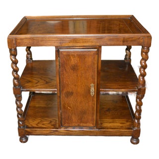 Attributed to Henredon Barley Twist Dark Oak Wood End / Side Table With Center Cupboard & Shelves For Sale